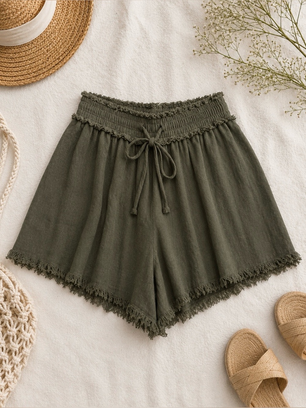 La Miel Olive Green Frayed Hem Pull-On Shorts | Boho Casual Lounge